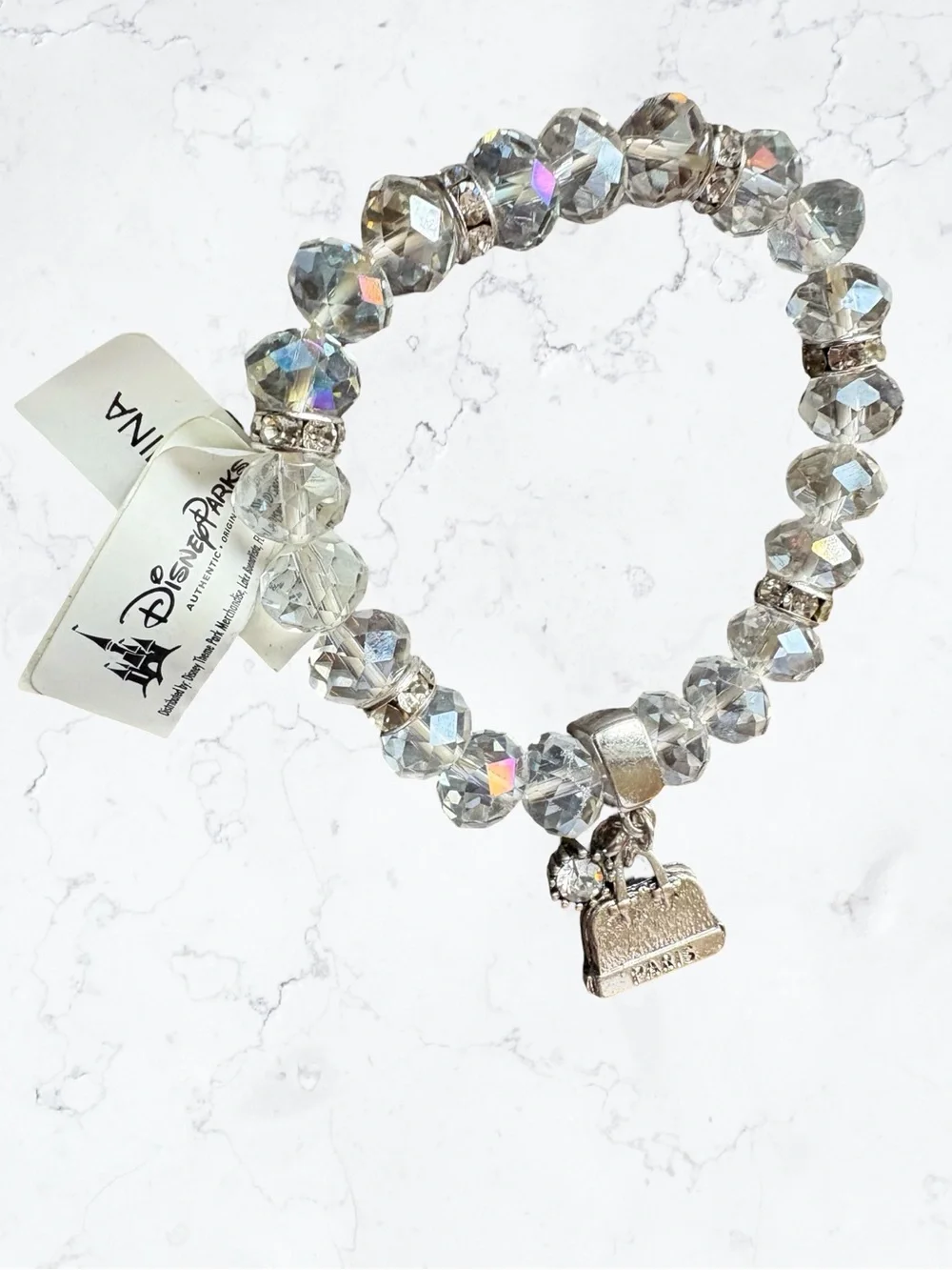 Disney Parks Euro Clear Crystal Beaded Charm Bracelet - Paris Purse Charm